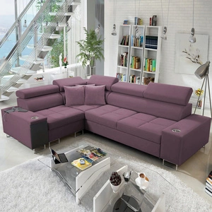 Rohová sedací souprava s funkcí spaní Dafni II heather left sametová rohová sedací souprava s úložným prostorem na lůžkoviny s celočalouněnou zásuvkou