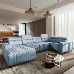 Rohová pohovka s funkcí spaní Castel IV modrá levá stylová rohová pohovka s kontejnery na lůžkoviny a nastavitelnými opěrkami hlavy