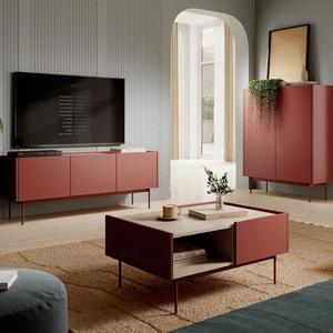 Nábytková sestava Vellore cihlově červená elegantní závěsná skříňka s originálním designem decentně snížené desky jsou ozdobou nábytku