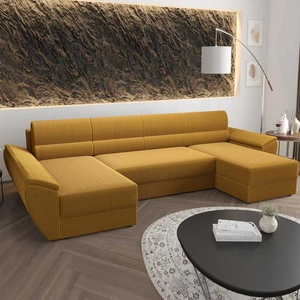 Rohová pohovka s funkcí spaní Fogu U III medová stylová rohová pohovka s područkami a úložným prostorem na lůžkoviny manšestrová tkanina