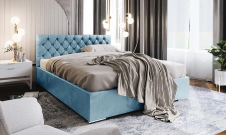 Tyrkysová čalouněná postel Alvorada 160x200 s úložným boxem v moderním skandinávském stylu s prošívaným čelem