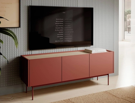 TV skříň Vellore 144 cm cihlová originální design bezúchytková čela kovové nohy v barvě čel skříně snížená horní část