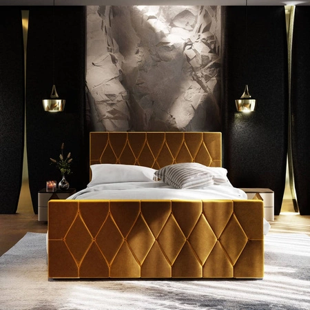 Čalouněná postel Sparks 140x200 hořčice s úložným prostorem v moderním stylu s výrazným čelem a nohama