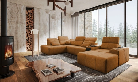 Rohová sedací souprava s funkcí spaní Tesalia V med pravá pohodlná rohová sedací souprava se zásuvkou a posuvným opěradlem