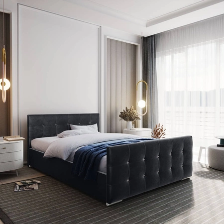 Čalouněná postel Alford 140x200 v grafitové barvě s úložným boxem v moderním skandinávském stylu s prošívaným čelem a nohama s povrchovou úpravou krystaly