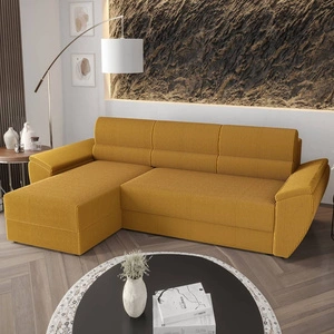 Rohová pohovka s funkcí spaní Fogu II medová levá stylová rohová pohovka s pohodlnými područkami a nádobou na lůžkoviny