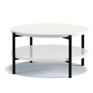 Kulatý konferenční stolek 84 cm Sampi bílý lesk s přídavnou policí světlý design kovová podnož ideální stolek pro jakékoli uspořádání