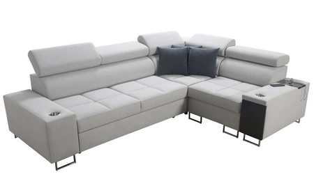 Rohová sedací souprava s funkcí spaní Dafni II světle hnědá / bílá pravoúhlá proplétaná rohová sedací souprava se zásuvkou na lůžkoviny v boční části nábytku