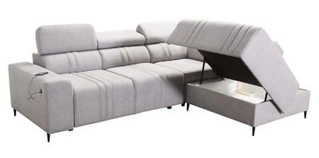 Rohová pohovka s funkcí spaní Castel VII modrá pravostranná stylová rohová pohovka s úložným prostorem na lůžkoviny a nastavitelnými opěrkami hlavy