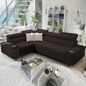 Rohová sedací souprava s funkcí spaní Dafni II hnědá levostranná proplétaná rohová sedací souprava s úložným prostorem na lůžkoviny s plnovýsuvnou zásuvkou v bočnici