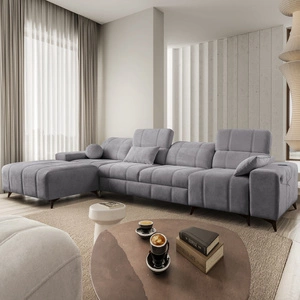 Rohová sedací souprava s funkcí spaní Penejos XII světle šedá levá stylová rohová sedací souprava s kontejnery na lůžkoviny pohodlné nastavitelné opěrky hlavy