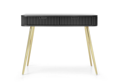 Černá konzola Zoya se zásuvkami stylový a funkční toaletní stolek zakřivený masivní tvar rýhovaná čela zásuvek zlaté nohy