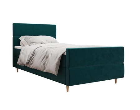 Kontinentální postel Benet 90x200 v tyrkysové barvě v moderním skandinávském stylu s čalouněným čelem a nohami postele s úložným boxem