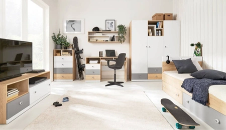 RTV skříňka Pixel 120 cm dub biskvit / bílá / šedá ideální do pokoje pro mládež funkční TV skříňka