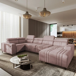 Rohová pohovka s funkcí spaní Castel IV růžová pravá stylová rohová pohovka s kontejnery na lůžkoviny a nastavitelnými opěrkami hlavy