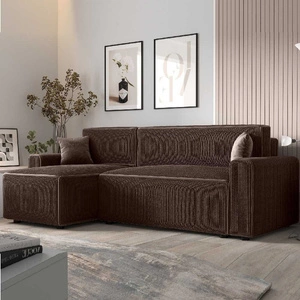 Rohová sedací souprava s funkcí spaní Brandon Bis hnědá levostranná trojrozměrná tkanina s výraznou pruhovanou nádobou na lůžkoviny