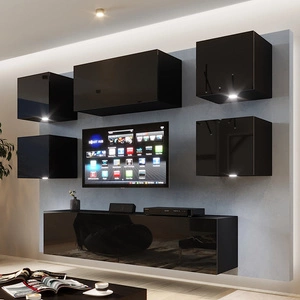 Sufli černá / černá lesklá nástěnná skříňka Mimořádně stylová nástěnná skříňka do obývacího pokoje vizuálně atraktivní a funkční