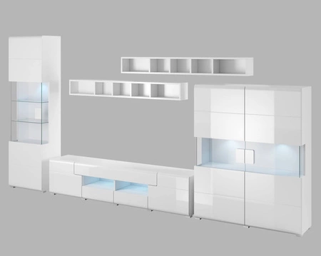 Nástěnná skříňka Toledo bílá / bílý lesk je ideální do obývacího pokoje a dodá vašemu interiéru jedinečný charakter