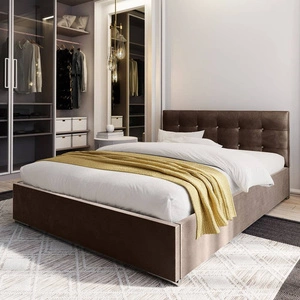 Čalouněná postel Mona 160x200 světle hnědá s kontejnerem v moderním skandinávském stylu s prošívaným podhlavníkem s krystaly