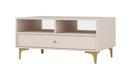 Konferenční stolek Kioto I béžový se zásuvkou elegantního designu vyztužený kovovou podnoží ve zlaté barvě s decentní rukojetí