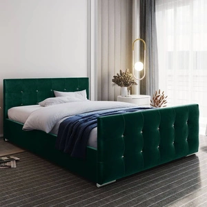 Čalouněná postel Alford 180x200 v lahvově zelené barvě s úložným prostorem v moderním skandinávském stylu s prošívaným čelem a nohama s krystaly