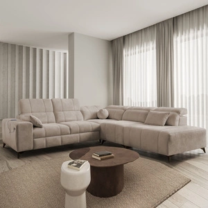 Rohová sedací souprava s funkcí spaní Penejos IX tmavě béžová pravá strana stylová rohová sedací souprava s kontejnery na lůžkoviny pohodlné nastavitelné opěrky hlavy