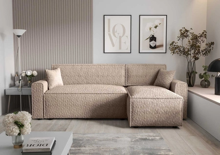 Rohová sedací souprava s funkcí spaní Brandon Bis béžová pravá strana měkká tkanina s charakteristickou smyčkovou povrchovou nádobou na lůžkoviny