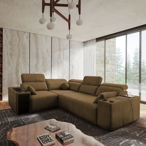 Rohová sedačka s funkcí spaní Tesalia II hnědá levá pohodlná rohová sedačka do obývacího pokoje s posuvným opěradlem nádoba na lůžkoviny