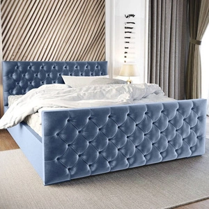 Čalouněná postel Viamao 140x200 modrá s kontejnerem v moderním skandinávském stylu s prošívaným čelem a nohou