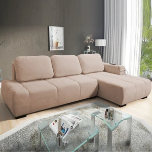 Rohová pohovka s funkcí spaní Gentle pudrově růžová pravostranná stylová designová rohová rozkládací pohovka charakteristická svým zaobleným tvarem