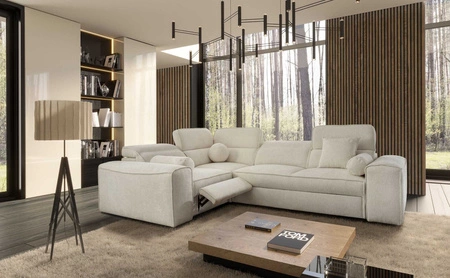 Rohová sedací souprava s funkcí spaní Viano II Lux krémová levostranná designová rohová sedací souprava do obývacího pokoje s pohodlným výsuvným podnožníkem