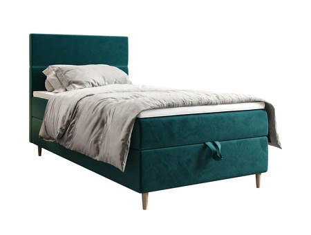 Kontinentální postel Bing 90x200 tyrkysová v moderním skandinávském stylu s čalouněným čelem postele s úložným boxem