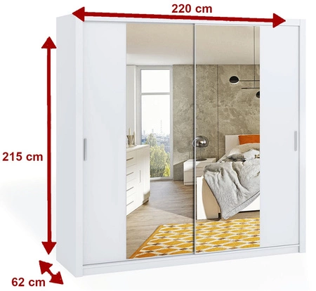 Zrcadlová posuvná skříň Rico 220 cm bílá funkční nábytek v klasickém stylu skříň určená do ložnice nebo předsíně