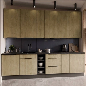 Sada kuchyňského nábytku Corsico 300 cm elegantní kuchyňské skříňky s kovovými hranami úchytek skříňka s nákladním košem