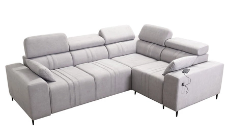 Rohová pohovka s funkcí spaní Castel II modrá pravá pohodlná rohová pohovka s nastavitelnými opěrkami hlavy kontejner na lůžkoviny