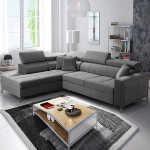 Rohová sedačka s funkcí spaní Nausa III šedá levá sametová stylová pohodlná rohová sedačka nastavitelné opěrky hlavy kontejner na lůžkoviny