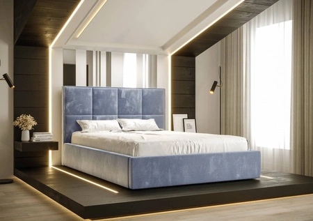Čalouněná postel Aresa 160x200 s úložným boxem modrá v moderním skandinávském stylu s pohodlným čelem