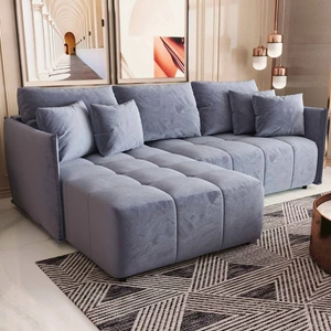 Rozkládací pohovka Oroso modrá levá měkká sametová tkanina s hydrofobním povlakem nádoba na lůžkoviny