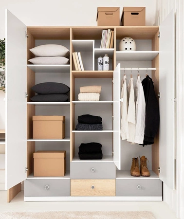 Pixel šatní skříň 150 cm dub biscuit / bílá / šedá ideální do pokoje pro mladé šatní skříň se zásuvkami a policemi