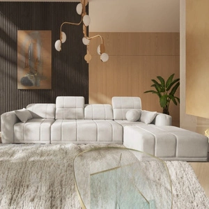 Rohová sedací souprava s funkcí spaní Cetara XII krémová pravá strana stylový design pohodlná posuvná opěradla dvě nádoby na lůžkoviny