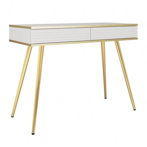 Luxusní bílá konzola se zásuvkami elegantní toaletní stolek s drážkovanými čely vysoké zlaté nohy tělo doplněné zlatým lemováním