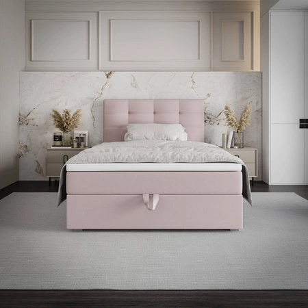 Kontinentální postel Flint 120x200 pudrově růžová v moderním skandinávském stylu s čalouněným čelem postele s úložným boxem