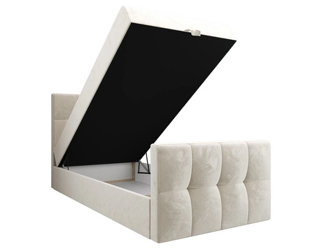 Manhattan 90x200 béžová kontinentální postel v moderním skandinávském stylu s čalouněným čelem a nohou postele s úložným boxem