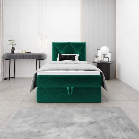 Kontinentální postel Arvada 90x200 lahvově zelená v moderním skandinávském stylu s čalouněným čelem postele s úložným boxem