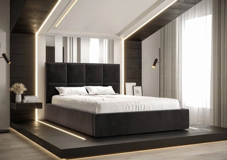 Čalouněná postel Aresa 180x200 s úložným boxem grafitová v moderním skandinávském stylu s pohodlnou opěrkou hlavy