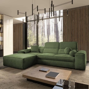 Rohová sedací souprava s funkcí spaní Viano zelená vlevo Stylová rohová sedací souprava zajímavého tvaru s nastavitelnými opěrkami hlavy Dekorativní polštáře