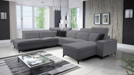 Kelly Sleek X šedá pravá rohová sedačka s funkcí spaní mimořádně elegantní rohová sedačka do obývacího pokoje s nastavitelnými opěrkami hlavy