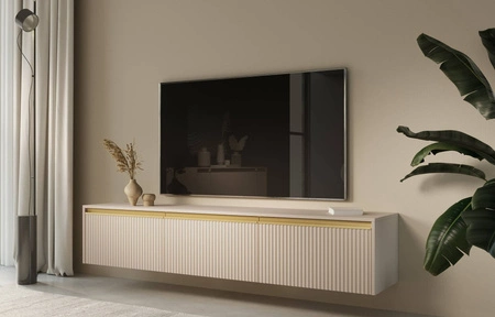 RTV skříňka Imperial 180 cm béžová s možností zavěšení stylové frézované čela zdobené zajímavými úchyty