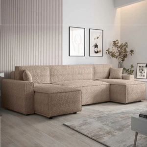 Rohová sedací souprava s funkcí spaní Brandon U Bis béžový kontejner na lůžkoviny područky látka s výrazným smyčkovým povrchem