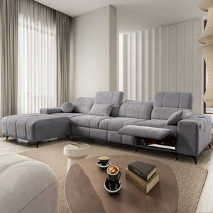 Rozkládací pohovka Penejos XII Lux světle šedá levá stylová rohová rozkládací pohovka s pohodlnou výsuvnou opěrkou nohou